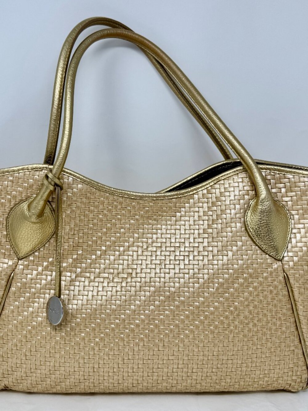 Furla Woven Metallic Gold Leather Tote Bag 18” Large | Italian Intrecciato Style